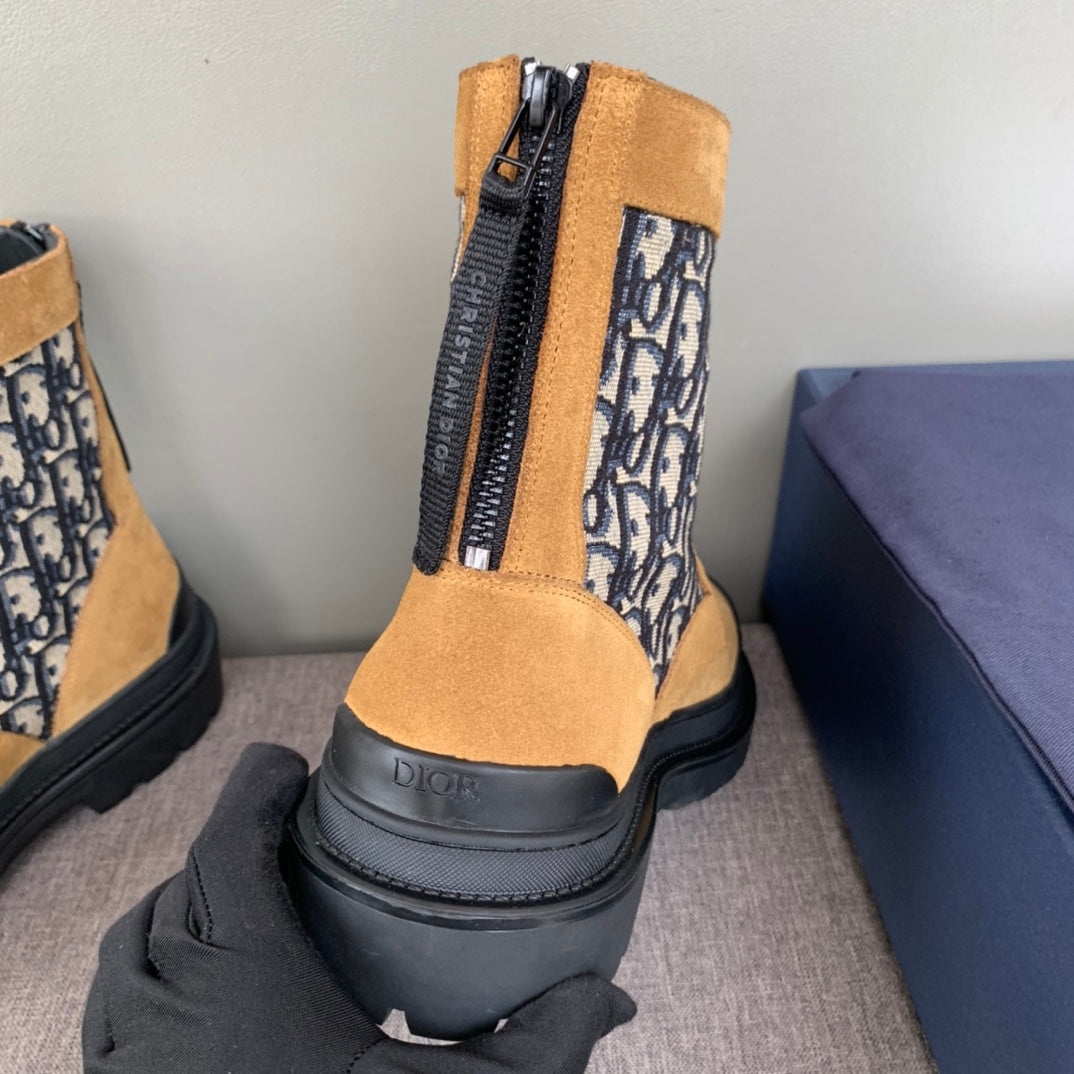 Tall ankle boots with tan suede top, Dior Oblique side, and black side zip