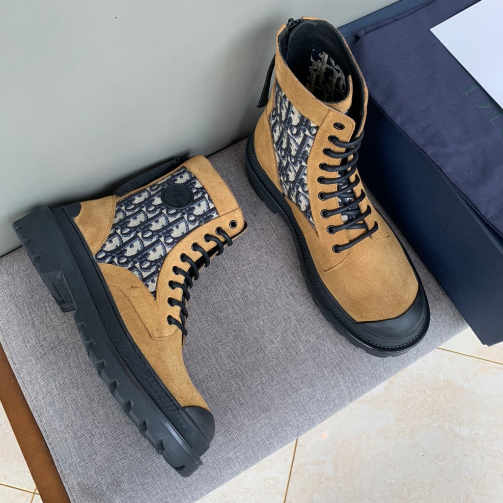 Tan and navy Dior Oblique lace-up ankle boots with chunky black rubber sole