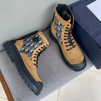 Tan and navy Dior Oblique lace-up ankle boots with chunky black rubber sole
