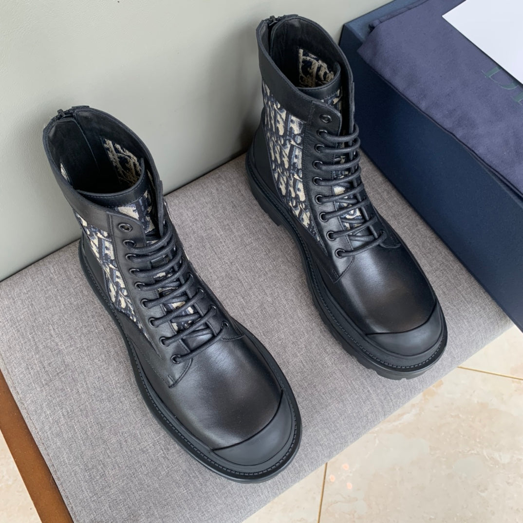 Unisex high-top sneakers, dark leather with Dior jacquard side panels and black laces