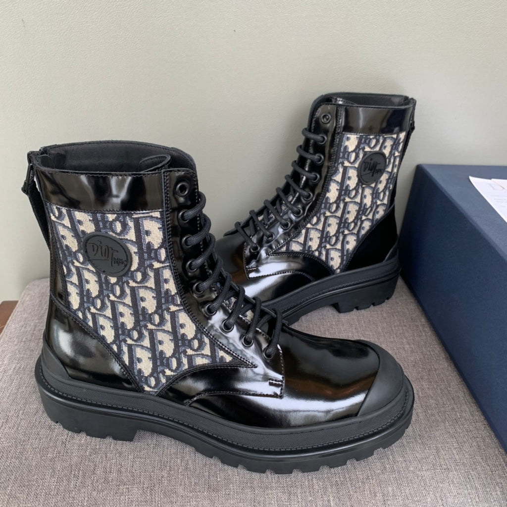 Dior unisex high-top lace-up boots, beige monogram canvas with black leather trim