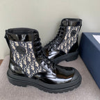 Dior unisex high-top lace-up boots, beige monogram canvas with black leather trim