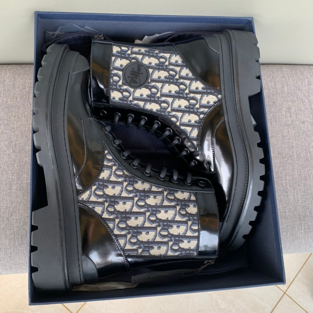 Dior unisex boots in box, beige monogram upper with black leather and lace-up front