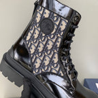 Dior unisex high-top boot close-up, beige monogram canvas, black laces and logo patch