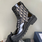 Dior unisex lace-up high-top boot, beige monogram upper with black glossy leather sole
