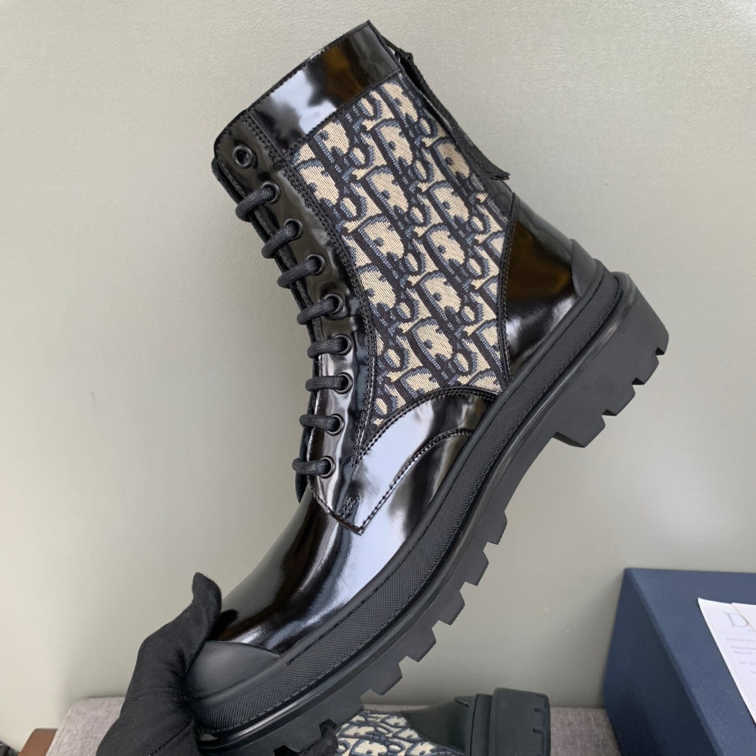 Dior unisex lace-up high-top boot, beige monogram upper with black glossy leather sole