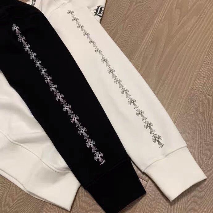 Long-sleeve sweatshirt sleeves with contrasting stripe and floral trim detail