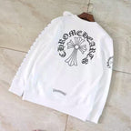 White long-sleeve sweatshirt with large back cross-flower graphic and small chest logo