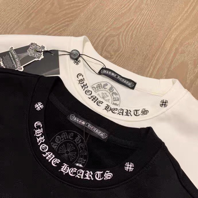 Black and white long-sleeve sweatshirts with crew neck and cross-text chest prints