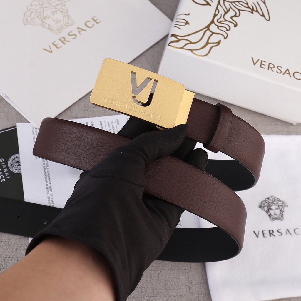 Brown leather belt with gold-toned Versace buckle, front view