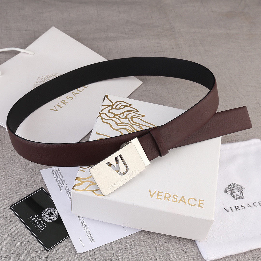 Dark leather belt with gold-toned Versace buckle