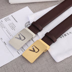 Brown leather belt with gold-toned Versace buckle and metal strap keeper