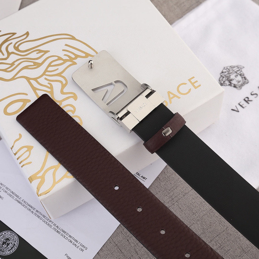 Brown leather belt with silver-toned Versace buckle and pin closure