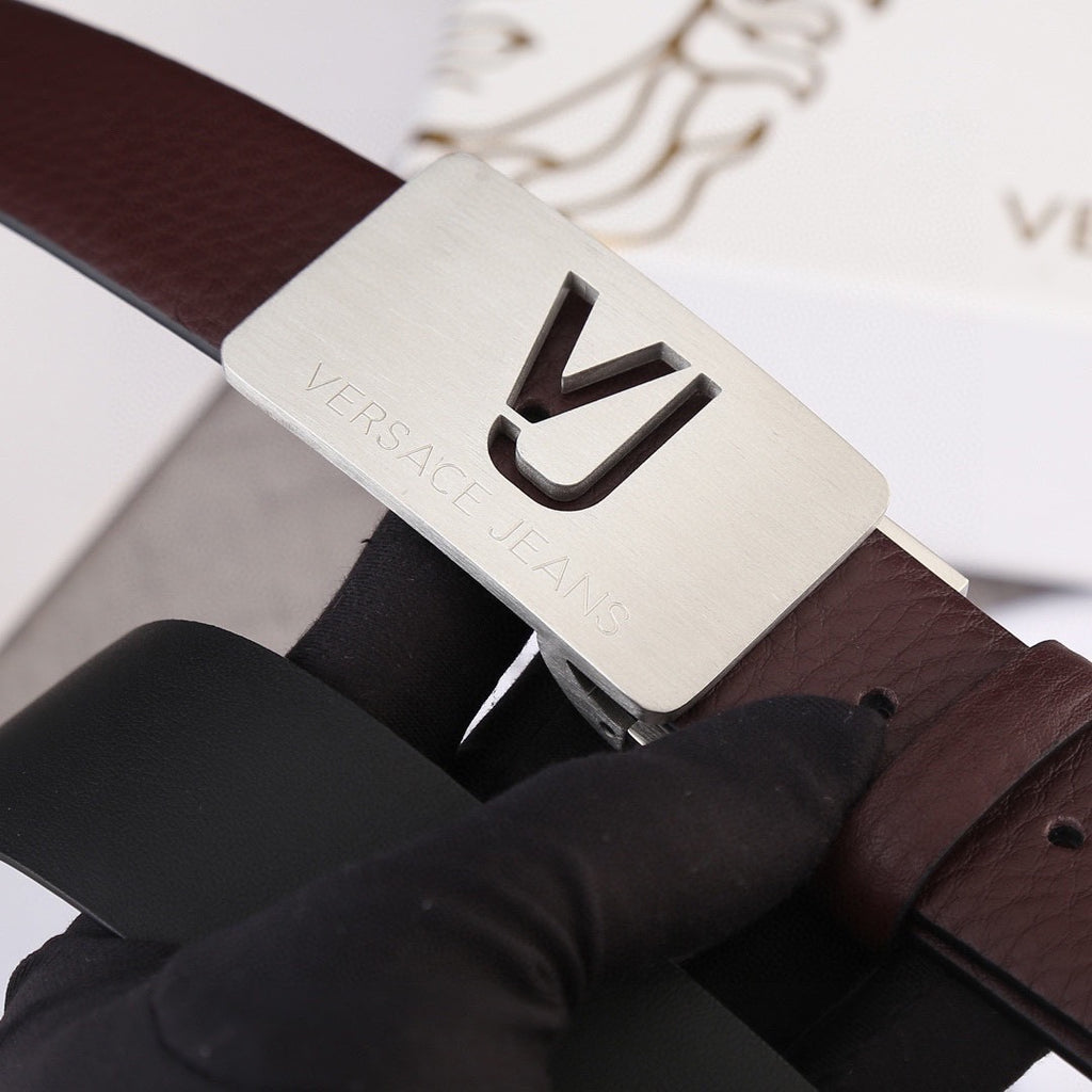 Brown leather belt with silver-toned Versace buckle