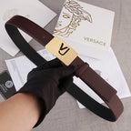 Brown leather belt with gold-toned Versace buckle
