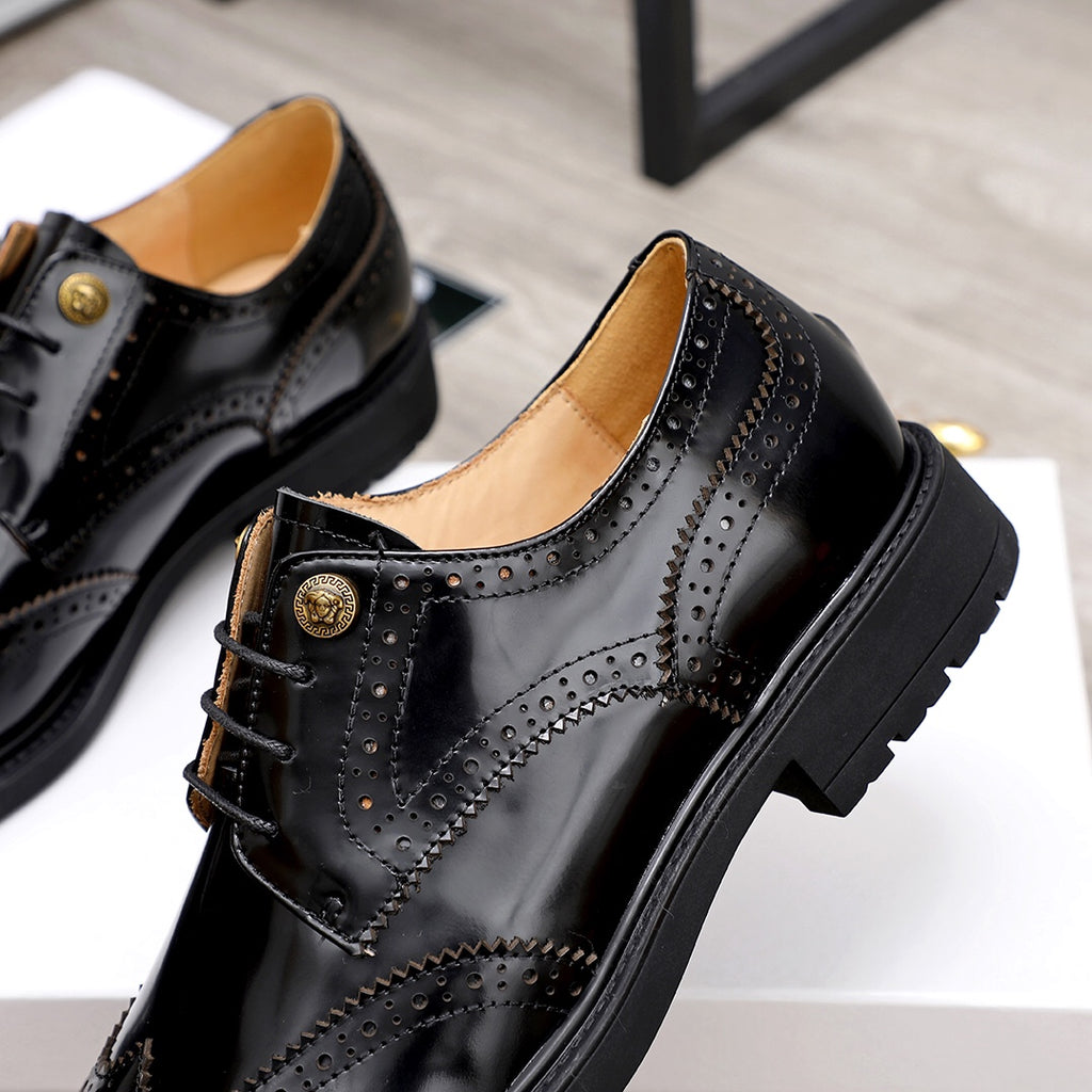 Versace black oxford shoes with gold-tone crest button and lace-up front