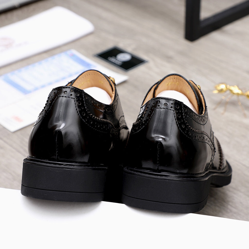 Versace black oxford shoes back view with rounded toe and chunky sole