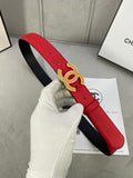 Red leather belt with gold CC-style buckle and black inner strap lining