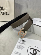 Chanel leather belt with gold rhinestone-style CC buckle, dark taupe strap