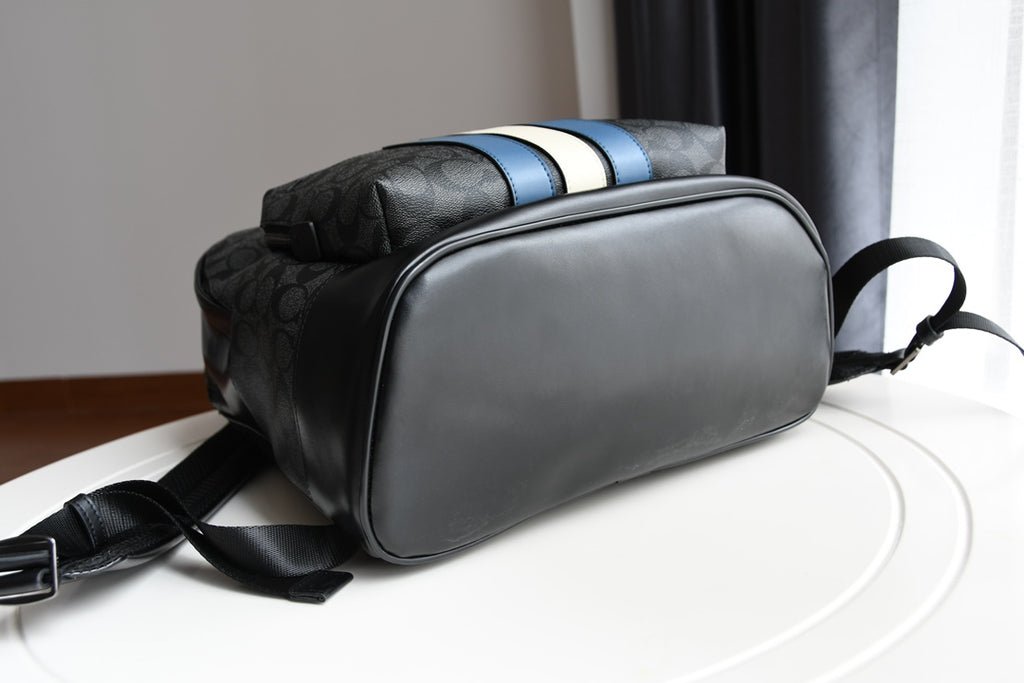 Coah bag with top carry handle, blue-and-white stripe accent, and crossbody strap