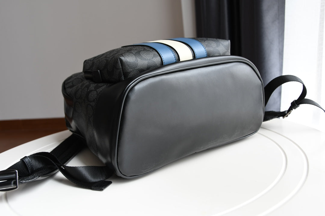 Coah bag with top carry handle, blue-and-white stripe accent, and crossbody strap