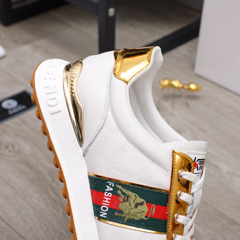 White sneaker side with gold heel detail, multicolor logo patch, lace-up