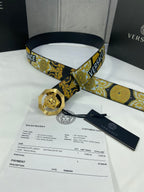 Versace belt laid flat: baroque blue-and-gold strap with gold Medusa buckle