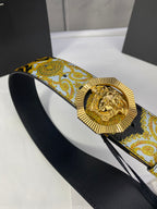 Versace baroque-print belt with gold Medusa buckle on black leather strap