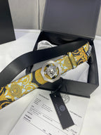Versace belt in box: baroque blue-and-gold strap with gold Medusa buckle