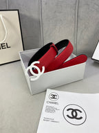 Red leather Chanel belt with white CC logo buckle in gift box