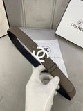 Chanel belt with silver-tone interlocking CC buckle and dark olive leather strap