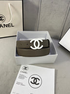 Dark olive leather belt with silver-tone interlocking CC buckle, in gift box