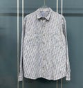 Blue and white patterned long-sleeve button-up shirt with pointed collar and buttons