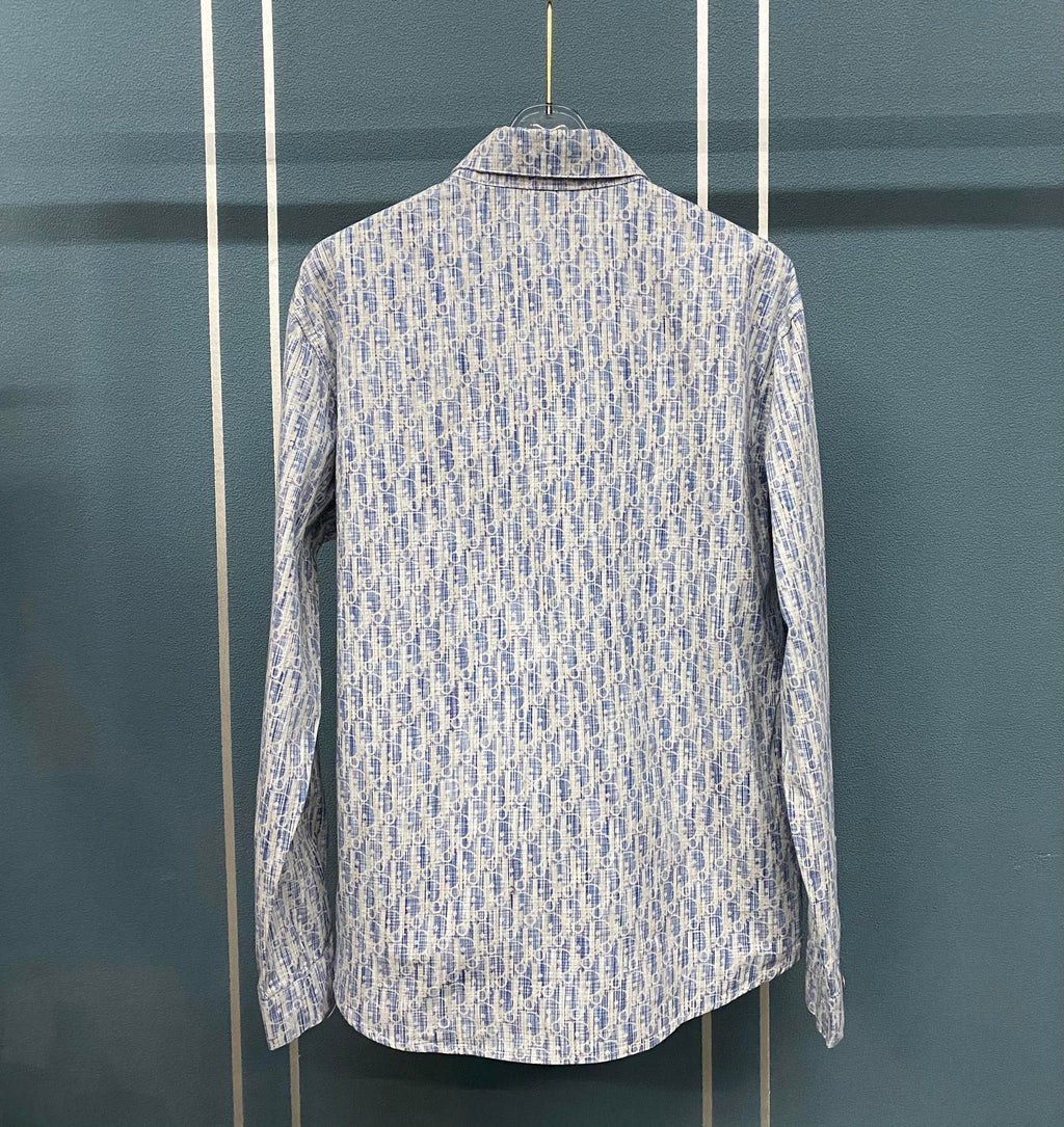 Blue and white patterned long-sleeve shirt back view with button placket