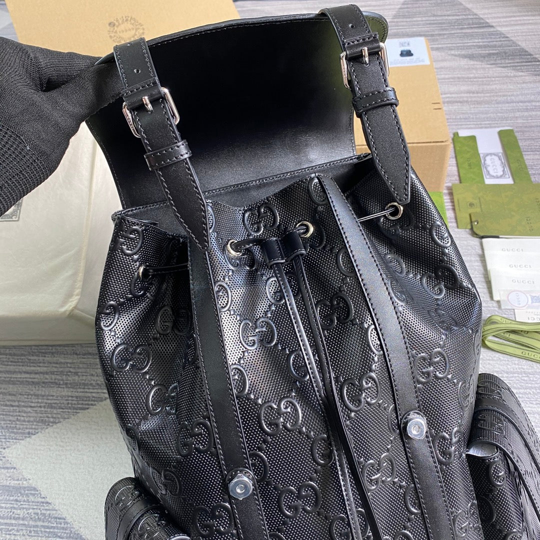 Black GG monogram tote with open top and adjustable shoulder straps