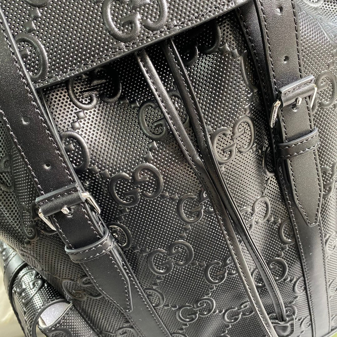 Black GG monogram embossed leather with silver hardware and strap attachment rings