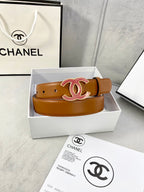 Brown Chanel belt in white box with red CC buckle and perforated strap