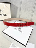 Red leather belt with Chanel CC logo buckle and gold-tone hardware, punched holes
