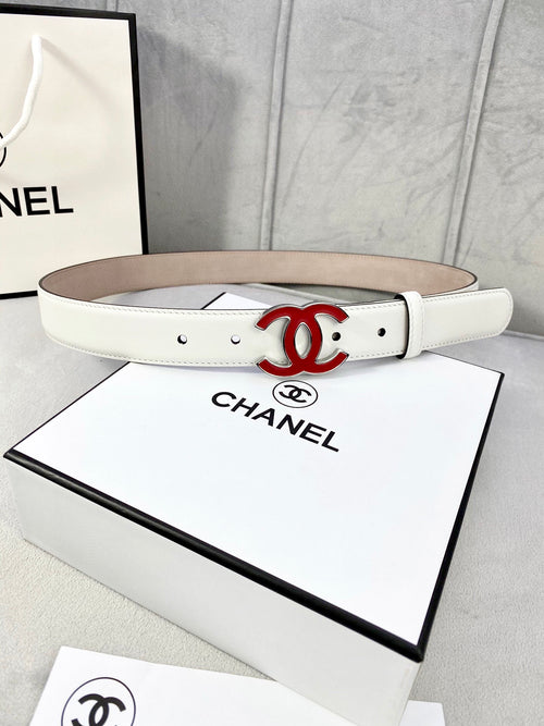 White Chanel belt with red logo buckle and adjustable holes