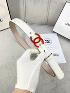 White Chanel belt with red logo emblem buckle and leather strap