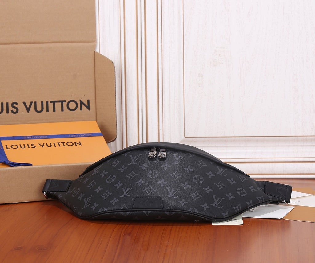 Louis Vuitton belt bag dark monogram canvas with zip top and short black strap