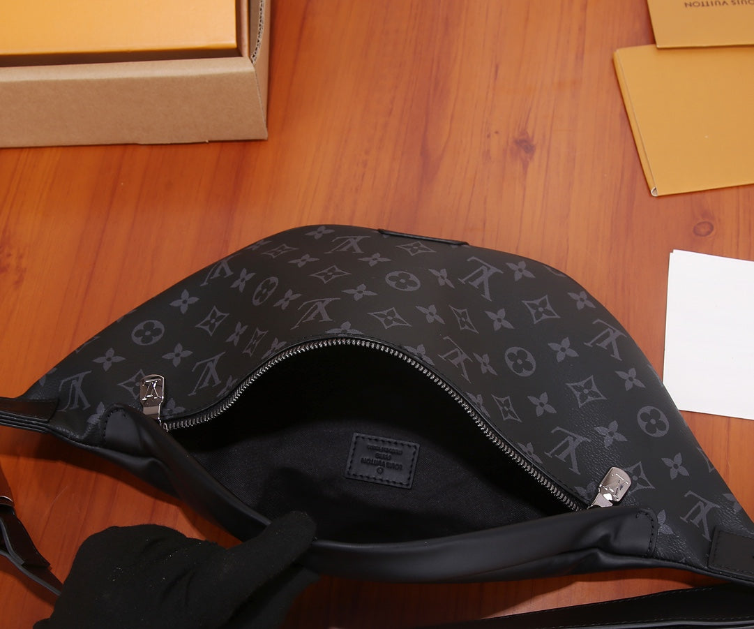 Louis Vuitton belt bag interior view with zipper opening and dark monogram lining