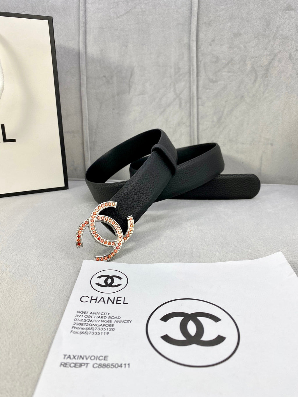 Chanel belt, black textured leather with gold-tone CC buckle