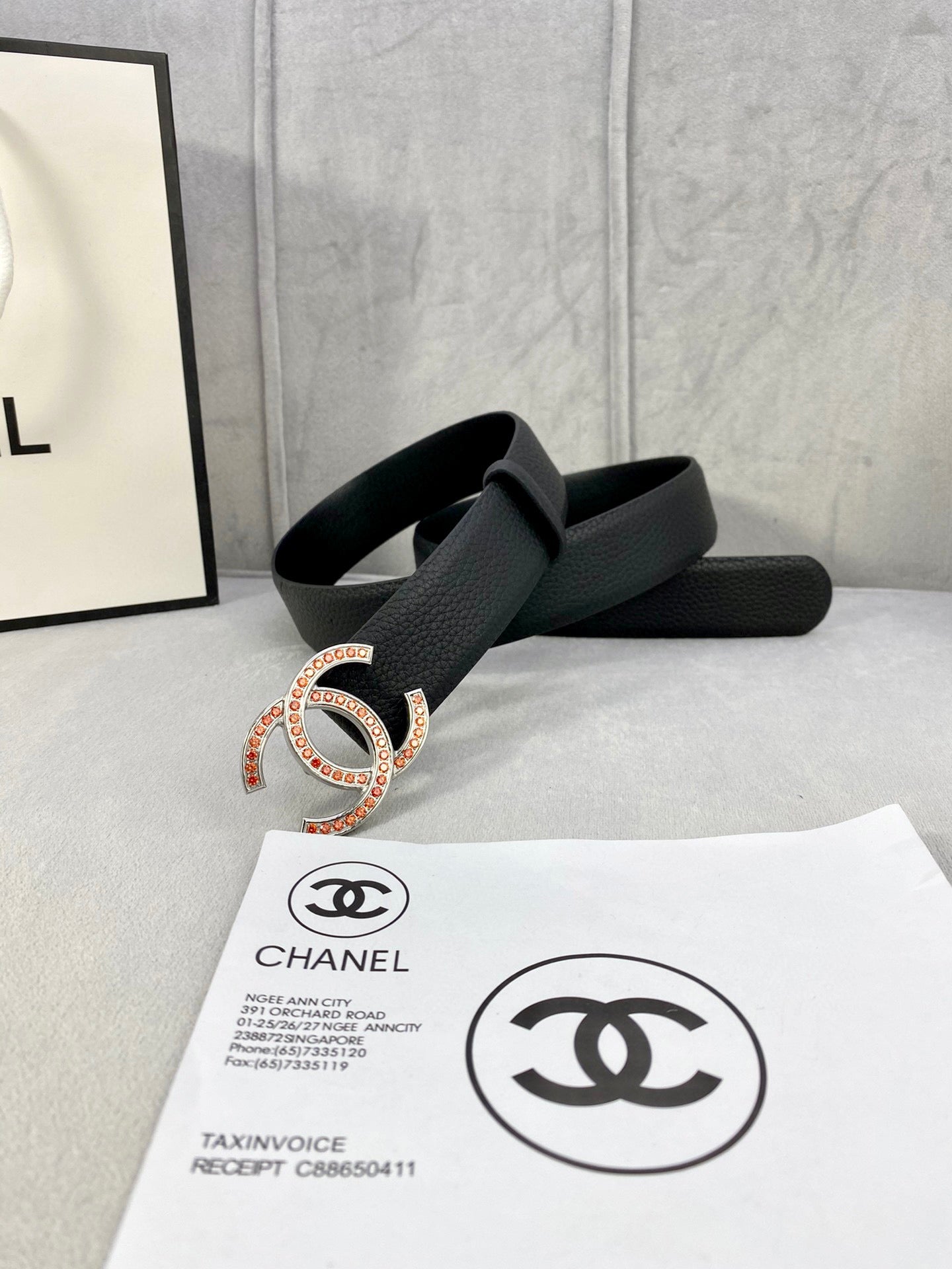 Chanel belt, black textured leather with gold-tone CC buckle