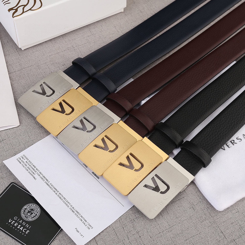 Set of leather belts with square VJ buckles in gold and silver