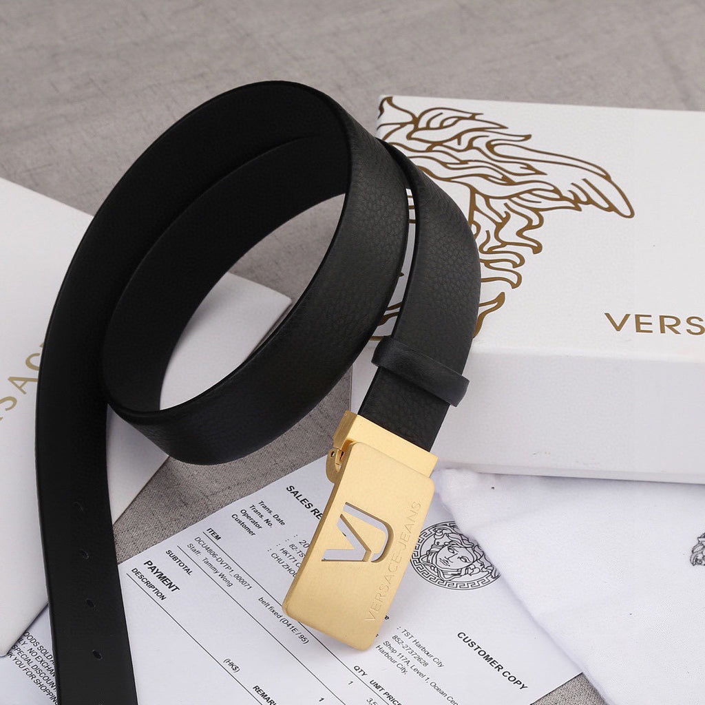 Black leather belt with gold rectangular VJ buckle and stud clasp