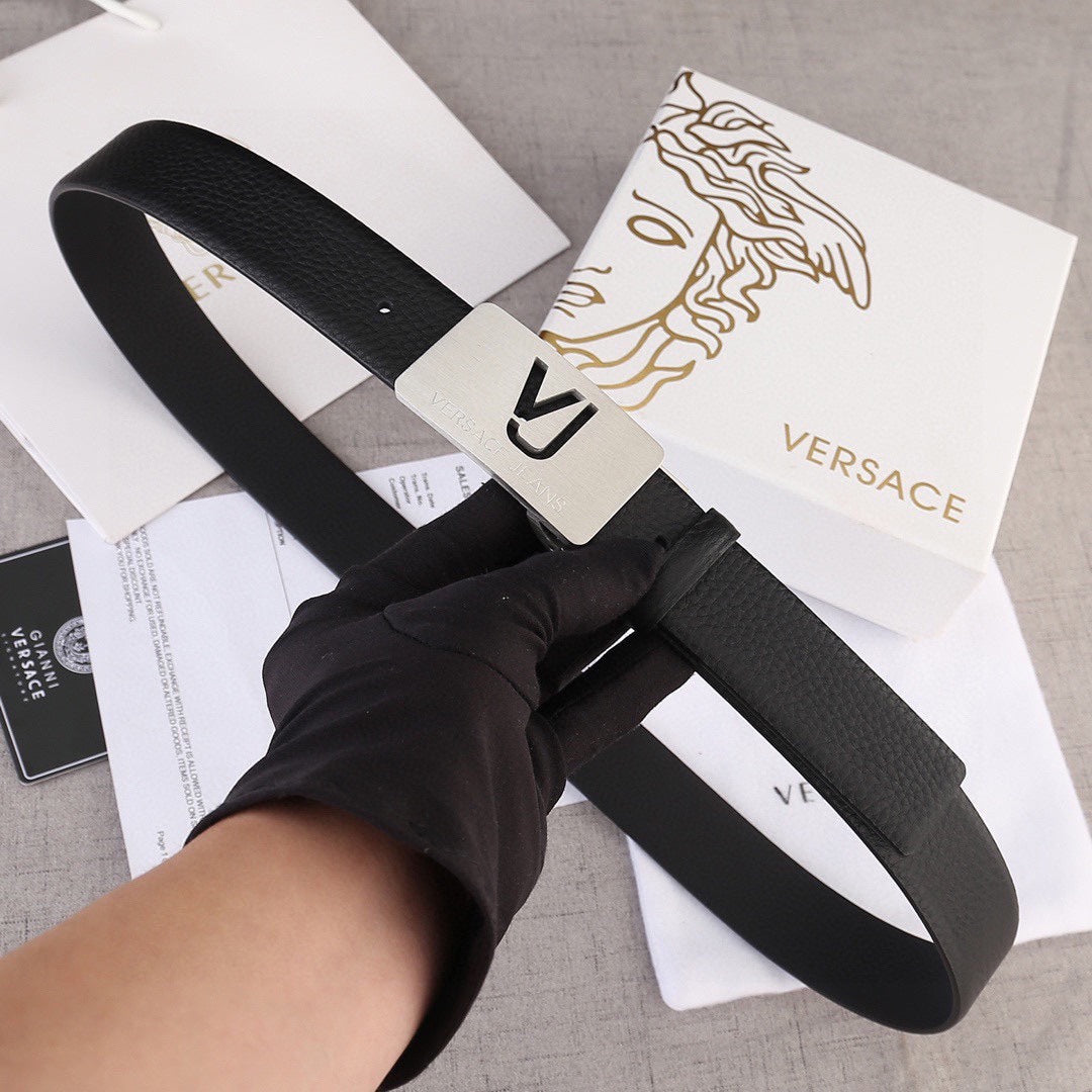 Black leather belt with silver square buckle featuring VJ logo