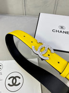 Yellow leather belt with silver rhinestone CC buckle and black reverse strap