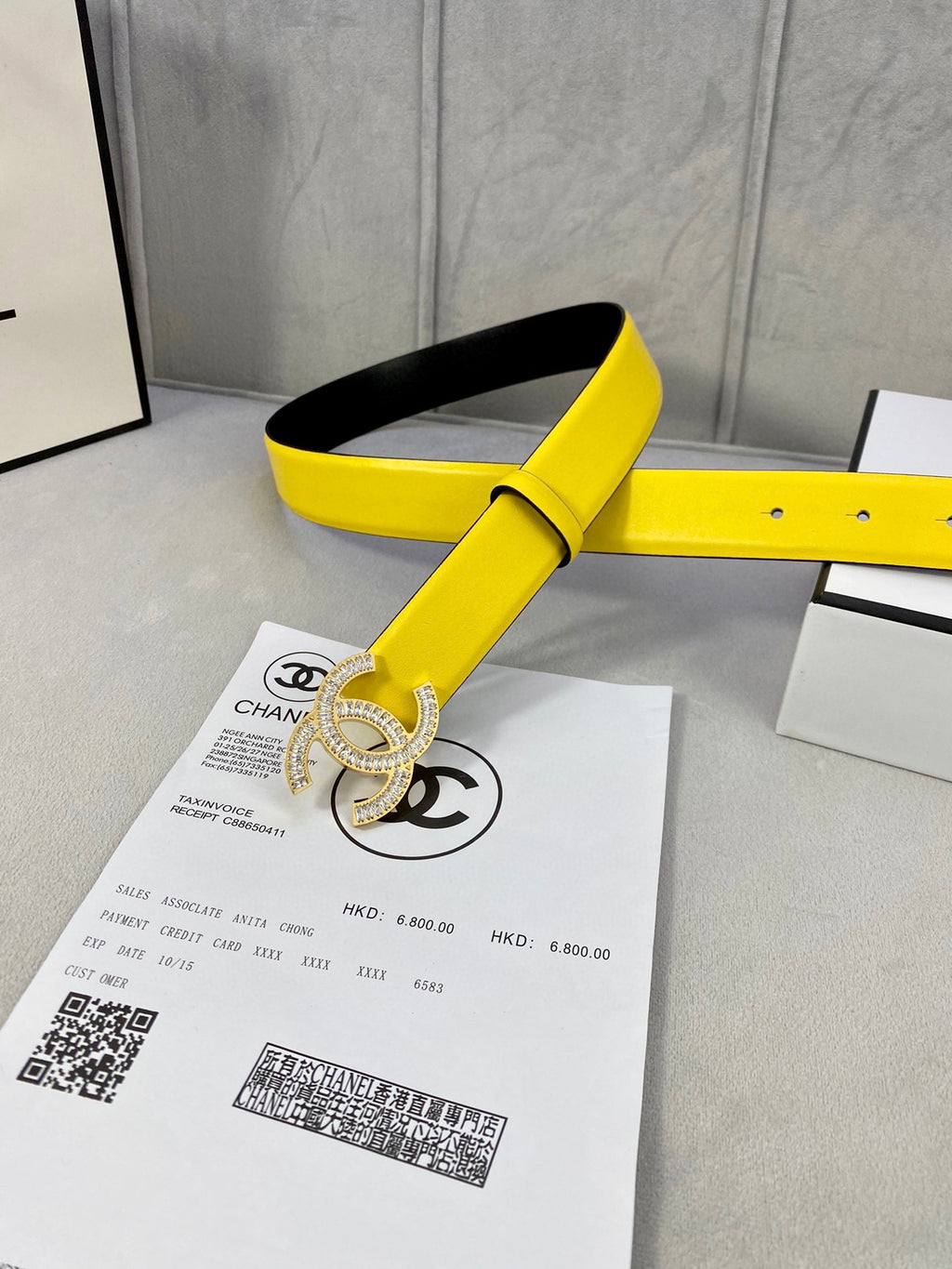 Yellow leather belt with silver rhinestone CC buckle and long strap