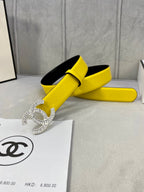 Yellow leather belt with silver rhinestone CC buckle and matching yellow strap